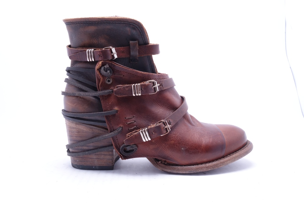 Freebird Crue Boots Women Size 8 Brown Leather Ankle Western Buckle Strappy Zip